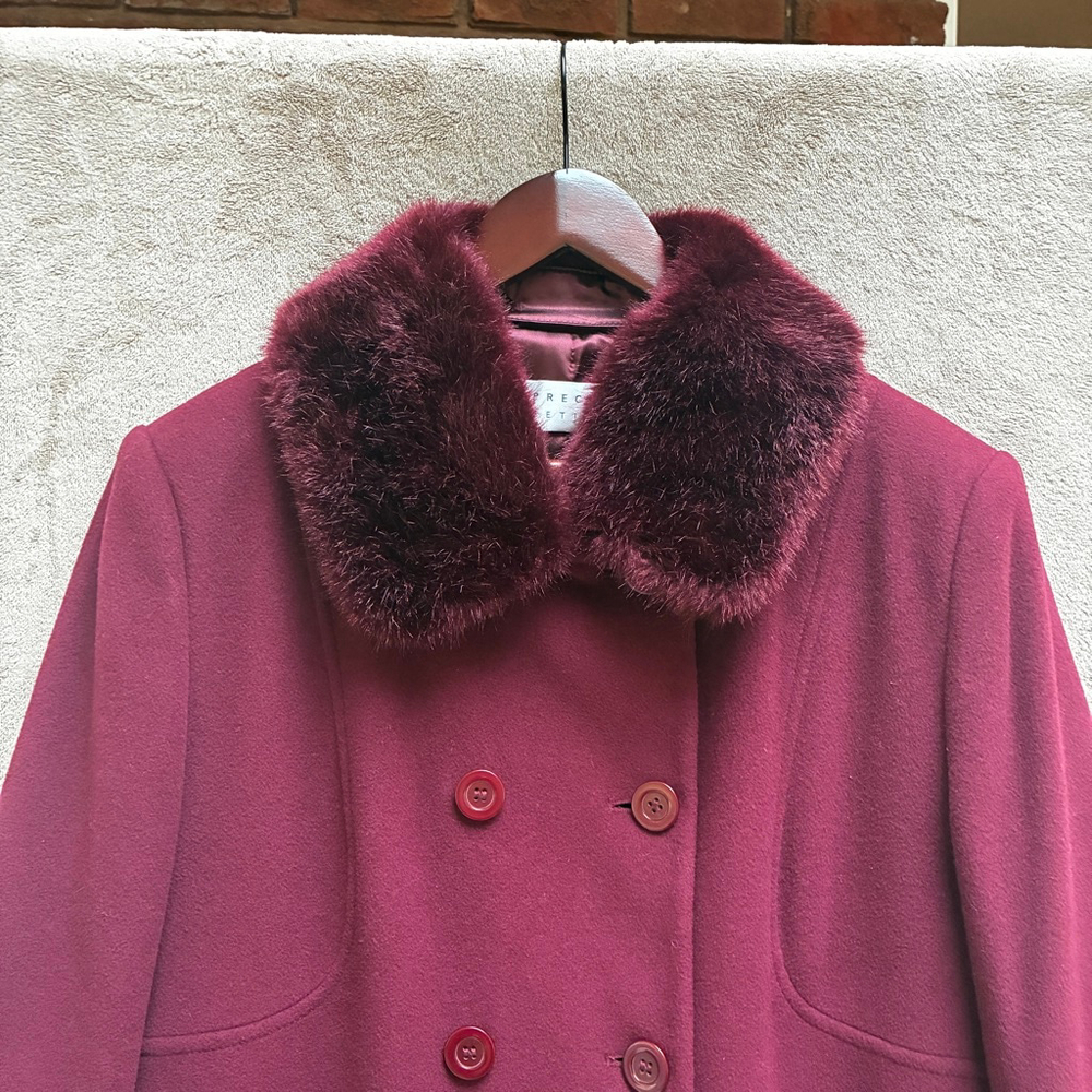 Precis Petite Wool Cashmere Pea Coat Size 14 Burgundy Faux Fur Timeless Winter - Picture 2 of 16